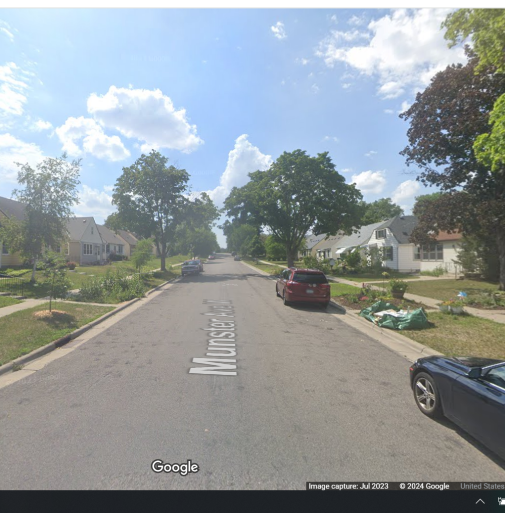 Screenshot of google maps image of Ellen's street growing up with houses on each side of the road. 